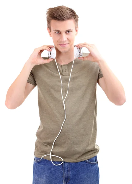 Przystojny młodzieniec, słuchając wobec muzyka na białym tle — Zdjęcie stockowe