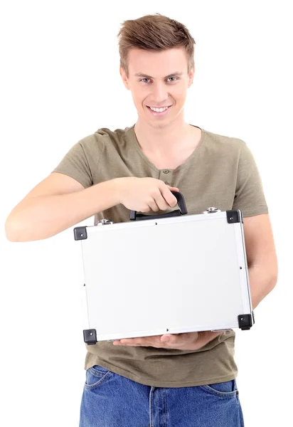Junger schöner Mann mit metallischem Koffer, isoliert auf weiß — Stockfoto
