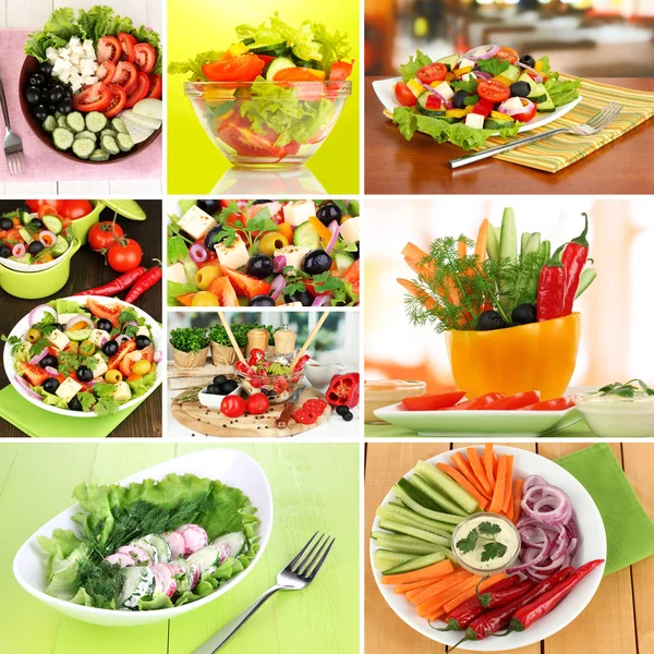 Collage van verschillende salades — Stockfoto