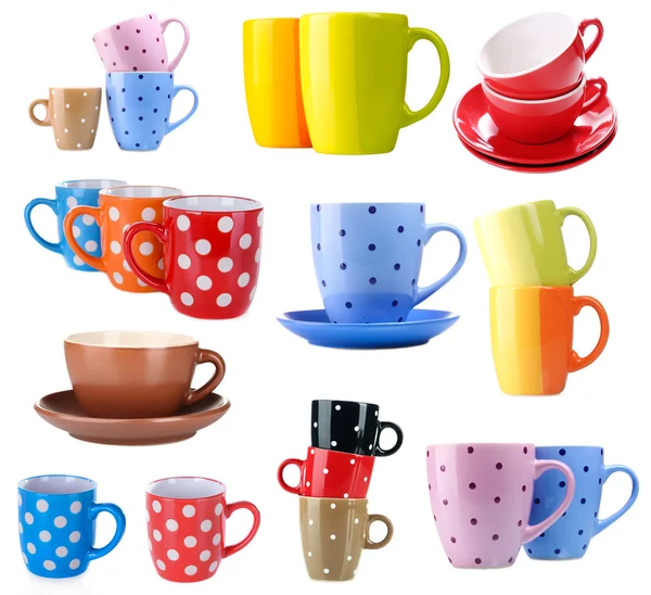 Collage of colorful cups isolated on white — Stock Photo, Image