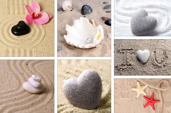 Collage aus Zen-Garten mit Sand und Steinen — Stockfoto