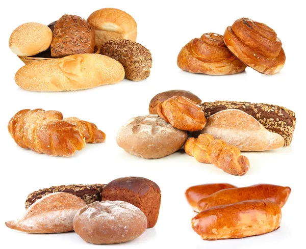 Collage of various bread isolated on white — Stock Photo, Image