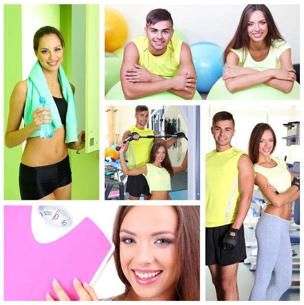 Collage of young people working out in gym — Stock Photo, Image