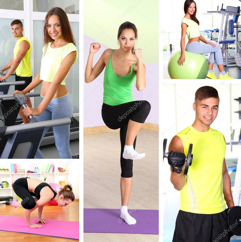 Collage of young people working out in gym