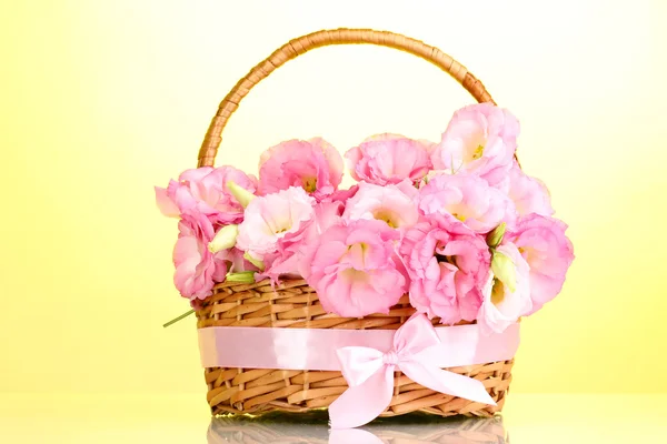 Bouquet of eustoma flowers in basket, on yellow background — Stock Photo, Image