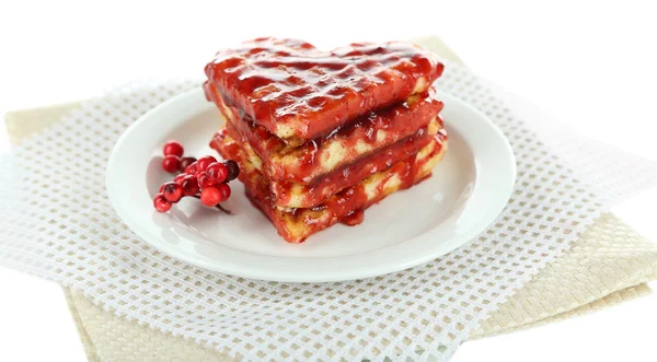 Sweet Belgium waffles with jam, isolated on white — Stock Photo, Image