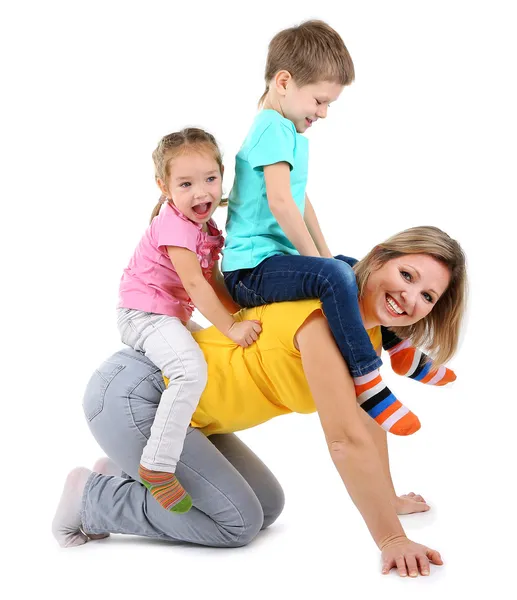 Little children with nice mom isolated on white — Stock Photo, Image