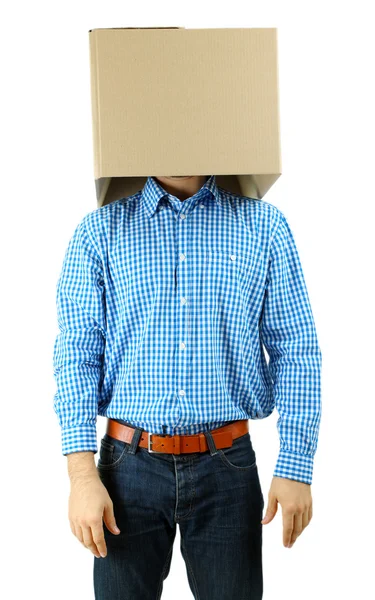 Man with cardboard box on his head isolated on white — Stock Photo, Image