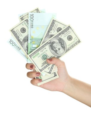 el ile dolar yakın çekim üzerinde beyaz izole