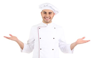 beyaz üniforma ve şapka, üzerinde beyaz izole profesyonel şef