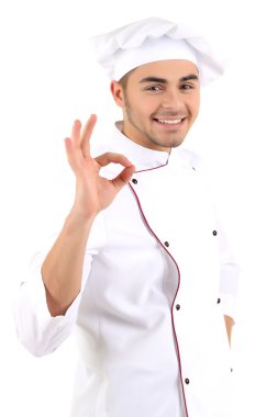 beyaz üniforma ve şapka, üzerinde beyaz izole profesyonel şef