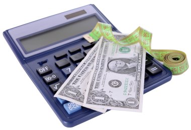 mezura ile para ve üzerinde beyaz izole hesap makinesi