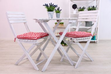 Bahçe sandalye ve raf beyaz zemin üzerine çiçekli masa