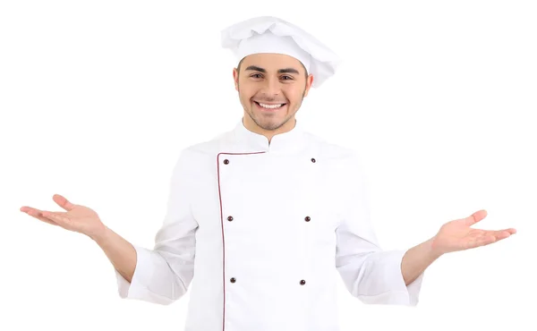 Chef profissional em uniforme branco e chapéu, isolado em branco — Fotografia de Stock