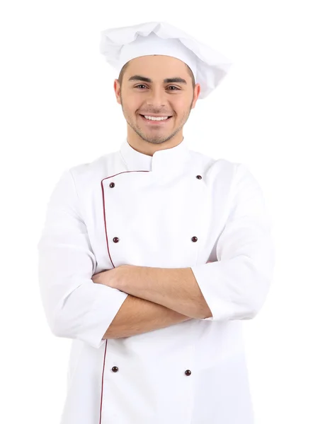Επαγγελματίας σεφ στο λευκή στολή και καπέλο, που απομονώνονται σε λευκό — Φωτογραφία Αρχείου