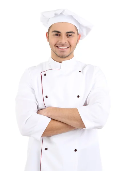 Professionele chef-kok in het witte uniform en hoed, geïsoleerd op wit — Stockfoto