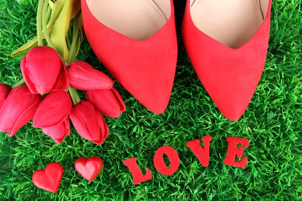 Belle scarpe rosse femminili, su sfondo verde erba — Foto Stock