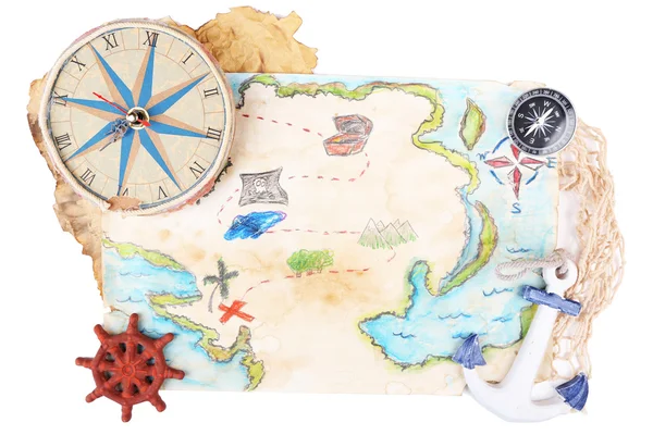 Treasure map with sea accessories, isolated on white — Stock Photo, Image