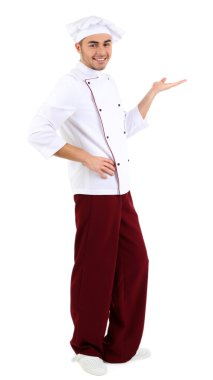 beyaz üniforma ve şapka, üzerinde beyaz izole profesyonel şef