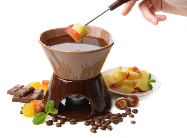 Schokoladenfondue mit Früchten, isoliert auf weiß — Stockfoto