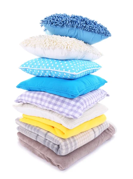 Colorful pillows and plaids isolated on white — Stock Photo, Image