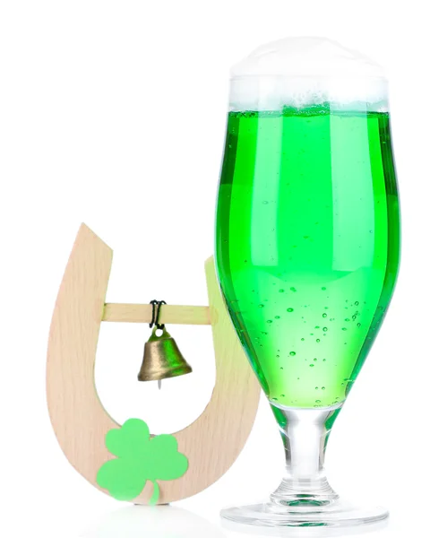 Glass of green beer and horseshoe for St Patricks day isolated on white — Stock Photo, Image