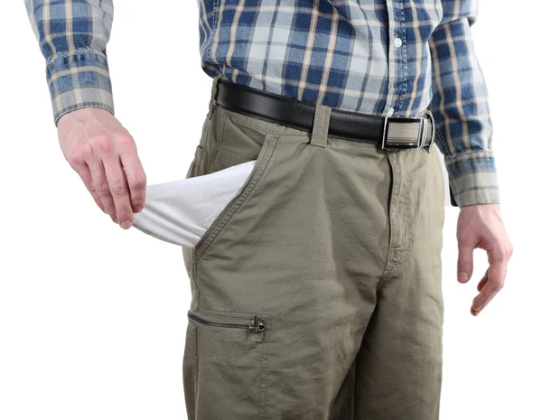 Man showing his empty pocket isolated on white — Stock Photo, Image