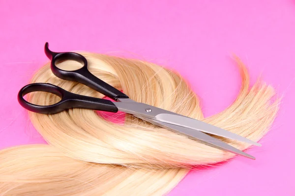 Lange blonde Haare mit Schere auf rosa Hintergrund — Stockfoto