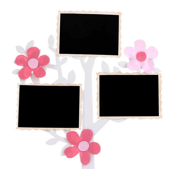 Supporto in forma di albero con schede fotografiche istantanee isolate su bianco — Foto Stock