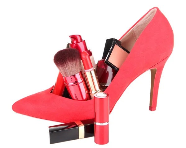 Beautiful red female shoe with cosmetics, isolated on white — Stock Photo, Image