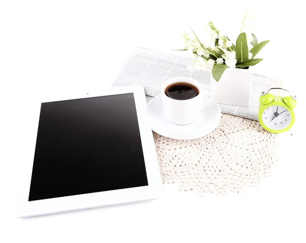 Tablet, newspaper, cup of coffee and alarm clock, isolated on white — Stock Photo, Image
