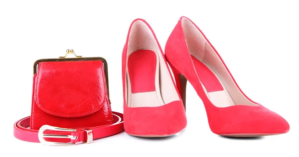 Beautiful red female shoes, purse and belt, isolated on white Royalty Free Stock Photos