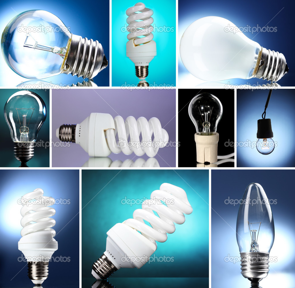 Collage of light bulbs on blue background