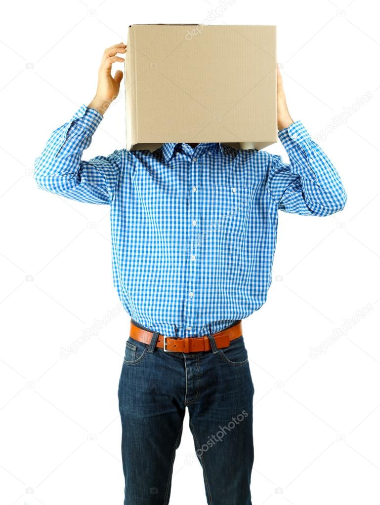 Man with cardboard box on his head isolated on white