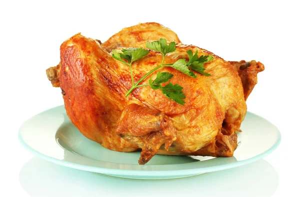 Whole roasted chicken with parsley isolated on white — Stock Photo, Image