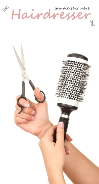 Color comb and scissors in female hand, isolated on white — Stock Photo, Image