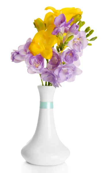 Beautiful bouquet of freesias in vase, isolated on white — Stock Photo, Image