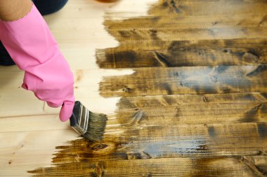 Parlak arkaplanda, ahşap çitlere koruyucu cila uygulanıyor