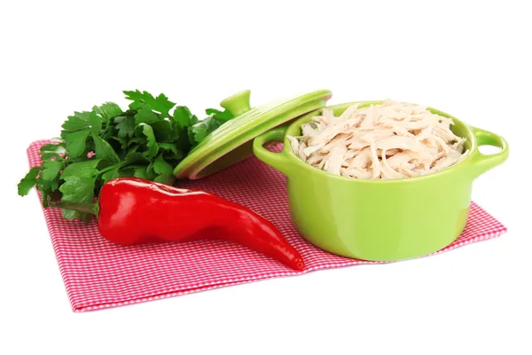 Shredded boiled chicken in green pan isolated on white — Stock Photo, Image