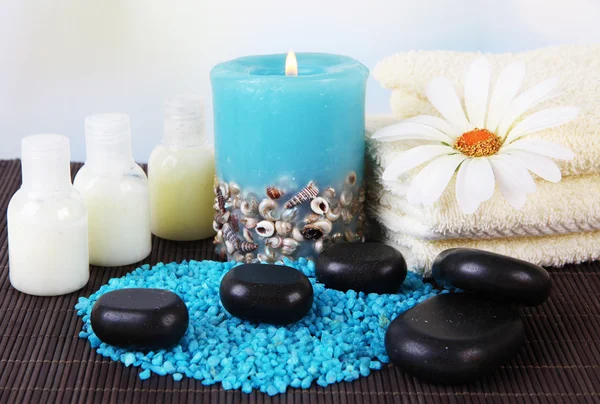 Beautiful spa setting on bamboo mat on bright background — Stock Photo, Image