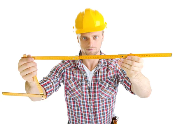 Retrato de jovem construtor isolado em branco — Fotografia de Stock