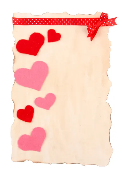 Hermosa hoja de papel con corazones decorativos, aislado en blanco — Foto de Stock