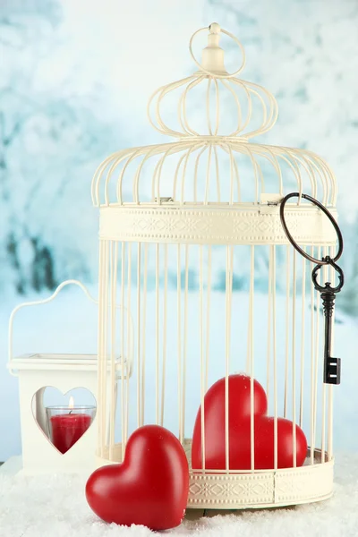 Corações em gaiola decorativa no fundo de inverno — Fotografia de Stock