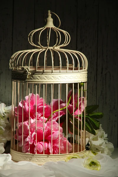 Beautiful decorative cage with beautiful flowers — Stock Photo, Image