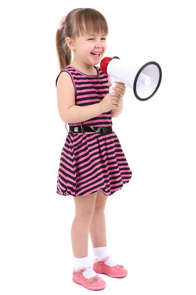 Hermosa niña sosteniendo megáfono aislado en blanco — Foto de Stock