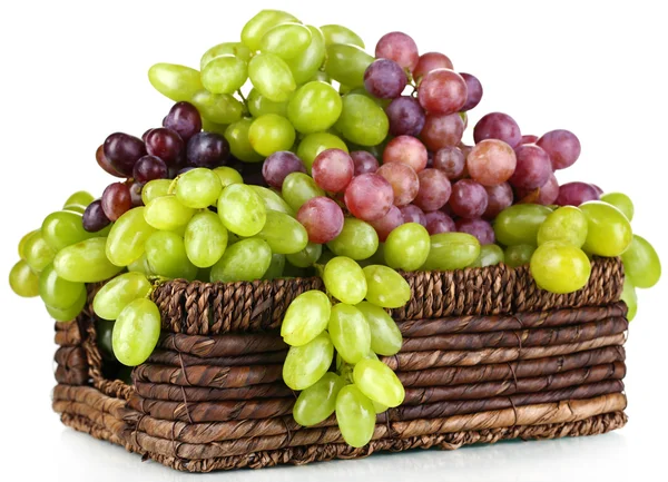 Ripe green and purple grapes in basket isolated on white — Stock Photo, Image