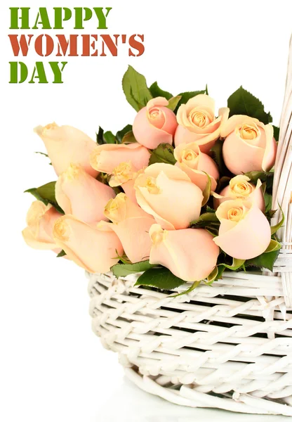 Beautiful bouquet of roses in basket, isolated on white — Stock Photo, Image