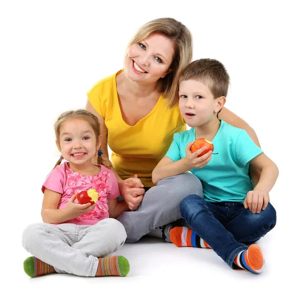 Little children with nice mom isolated on white — Stock Photo, Image