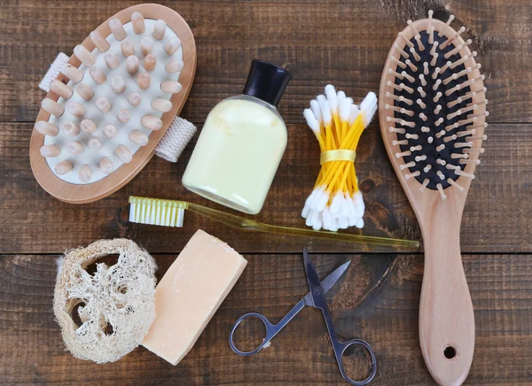 Hygienic equipments, on color wooden background — Stock Photo, Image