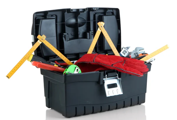 Caja de herramientas negra con herramientas aisladas en blanco — Foto de Stock